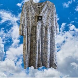Just Fashion Now XL NWT half bell sleeve blue and white flowy dress. Poly blend